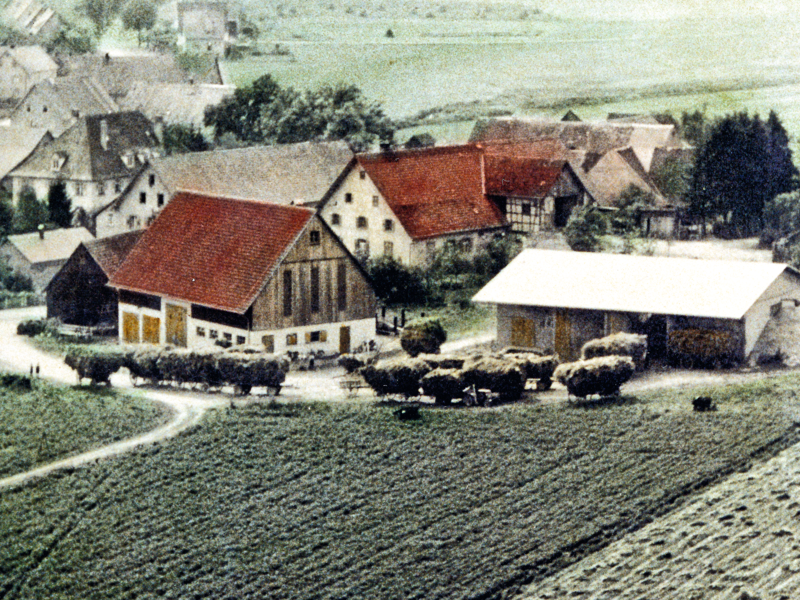Das Bild zeigt einen ländlichen Bauernhof mit mehreren Scheunen, roten Dächern und anliegenden Feldern in einer dörflichen Umgebung.