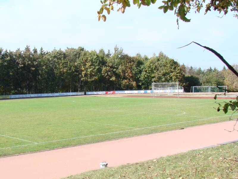 Ein leeres Fußballfeld umgeben von einer Laufbahn und Bäumen im Hintergrund.