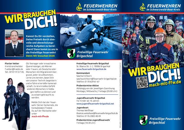 Ein Flyer der Freiwilligen Feuerwehr Brigachtal zeigt Informationen zur Mitgliedschaft mit Bildern von Feuerwehrleuten in Ausrüstung und dem Text "Wir brauchen Dich!".