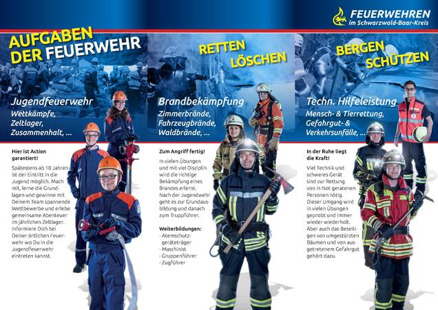 Das Bild ist ein Informationsplakat der Feuerwehren im Schwarzwald-Baar-Kreis, das verschiedene Aufgaben und Aktivitäten der Feuerwehr wie Jugendfeuerwehr, Brandbekämpfung und technische Hilfeleistung mit Text und Bildern von Feuerwehrleuten in Einsatzkleidung darstellt.