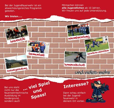 Das Poster der Jugendfeuerwehr zeigt Aktivitäten wie Kreativität, Verantwortung, Teamarbeit und sportliche Aktivitäten vor einem Backsteinhintergrund, mit Informationen zur Teilnahme und einem Cartoon-Feuerwehrmann.