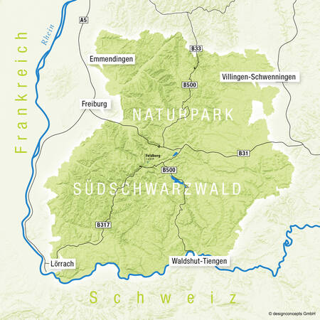 Eine Karte zeigt den Naturpark Südschwarzwald mit Städten wie Freiburg, Emmendingen und Lörrach, sowie angrenzenden Ländern Frankreich und Schweiz.