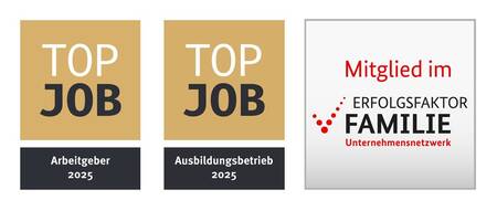 Das Bild zeigt zwei Logos mit der Aufschrift "TOP JOB" für "Arbeitgeber 2025" und "Ausbildungsbetrieb 2025", sowie ein Logo mit "Mitglied im Erfolgsfaktor Familie Unternehmensnetzwerk".