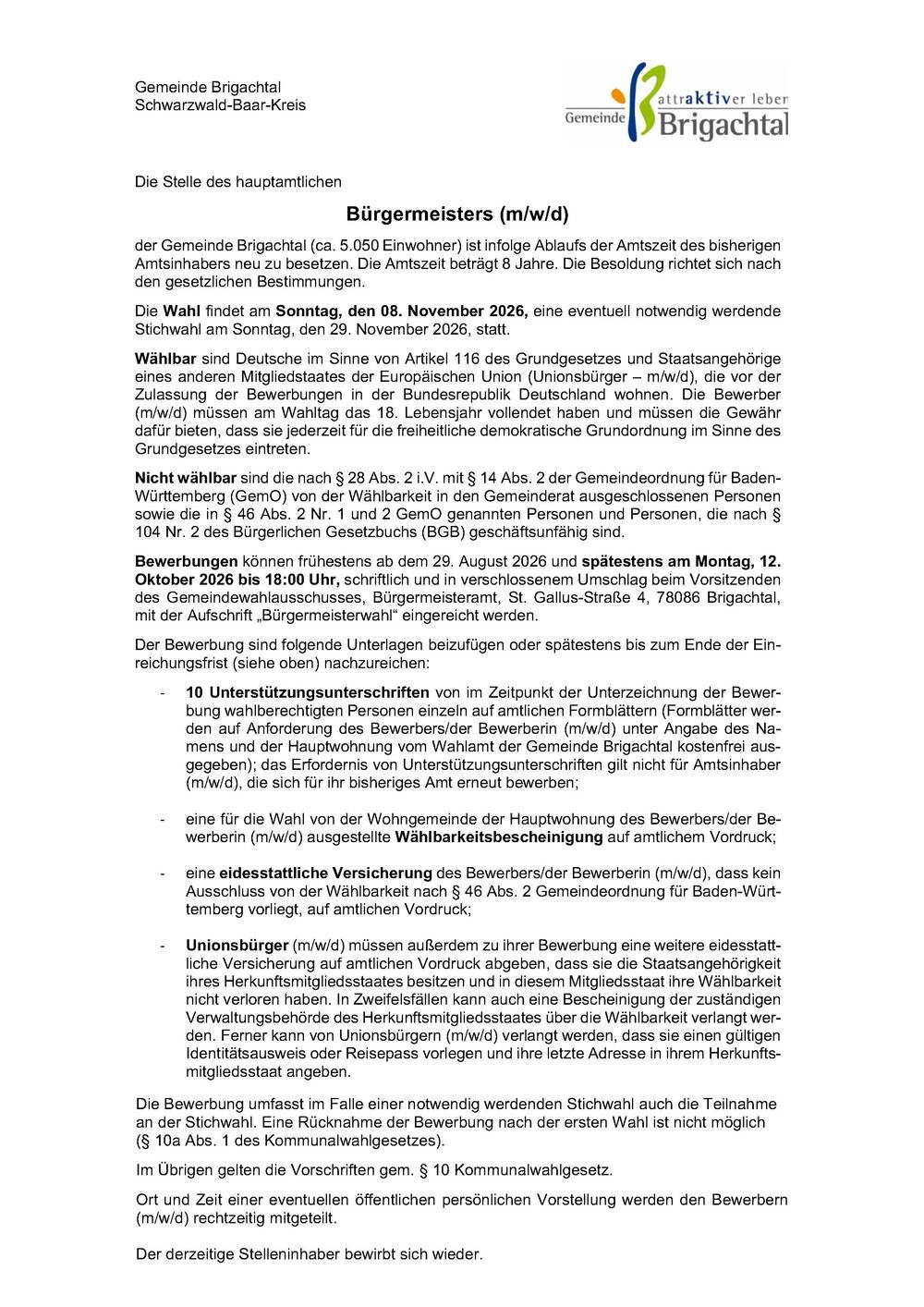 Das Bild ist eine Stellenausschreibung der Gemeinde Brigachtal für die Position des Bürgermeisters (m/w/d) mit Informationen zu Wahlterminen und Bewerbungsanforderungen.