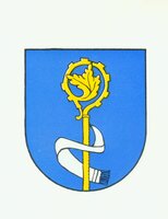 Ein blaues Wappen zeigt einen goldenen Krummstab mit einem Eichenblatt und einem herumgeschlungenen weißen Band.