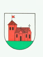 Ein Wappen zeigt eine rote Burg mit einem Turm und einer Flagge, die auf einem grünen Hügel steht.