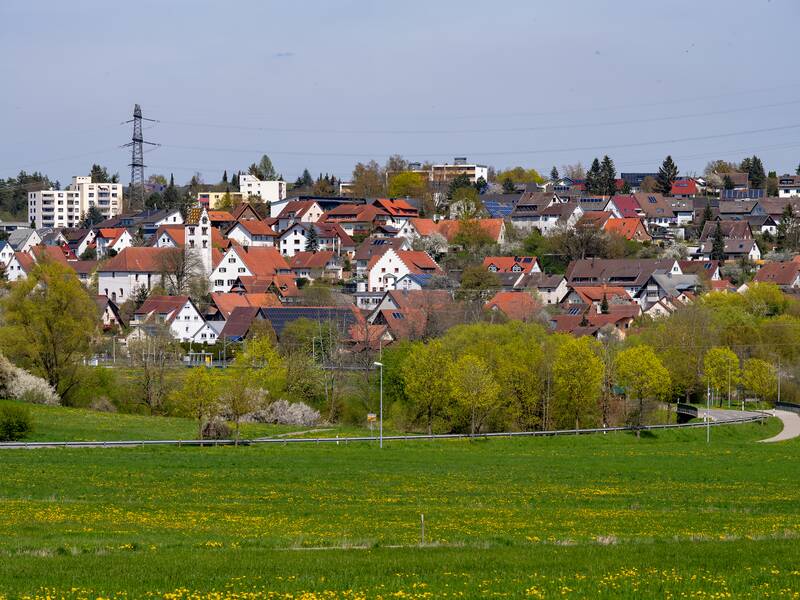 Eine malerische Landschaft mit einer kleinen Stadt aus roten Dachziegelhäusern, umgeben von grünen Feldern und Bäumen.