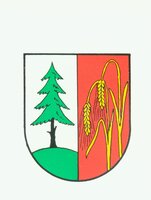 Ein Wappen zeigt links auf weißem Hintergrund einen grünen Baum und rechts auf rotem Hintergrund goldene Ähren.