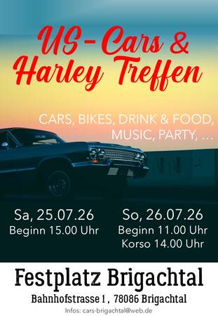 Ein Poster wirbt für ein US-Cars & Harley Treffen am 25. und 26. Juli 2026 auf dem Festplatz Brigachtal, mit Autos, Motorrädern, Essen, Getränken, Musik und Partys.