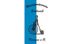 Das Bild zeigt ein Logo des "Radsportverein Edelweiß Klengen e.V." mit der Silhouette eines historischen Hochradsfahrers auf einem blau-weißen Hintergrund.