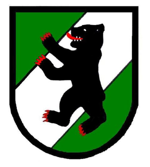 Ein Wappen zeigt einen schwarzen Bären mit roten Krallen und Zunge, der auf grünen und weißen diagonalen Streifen steht.